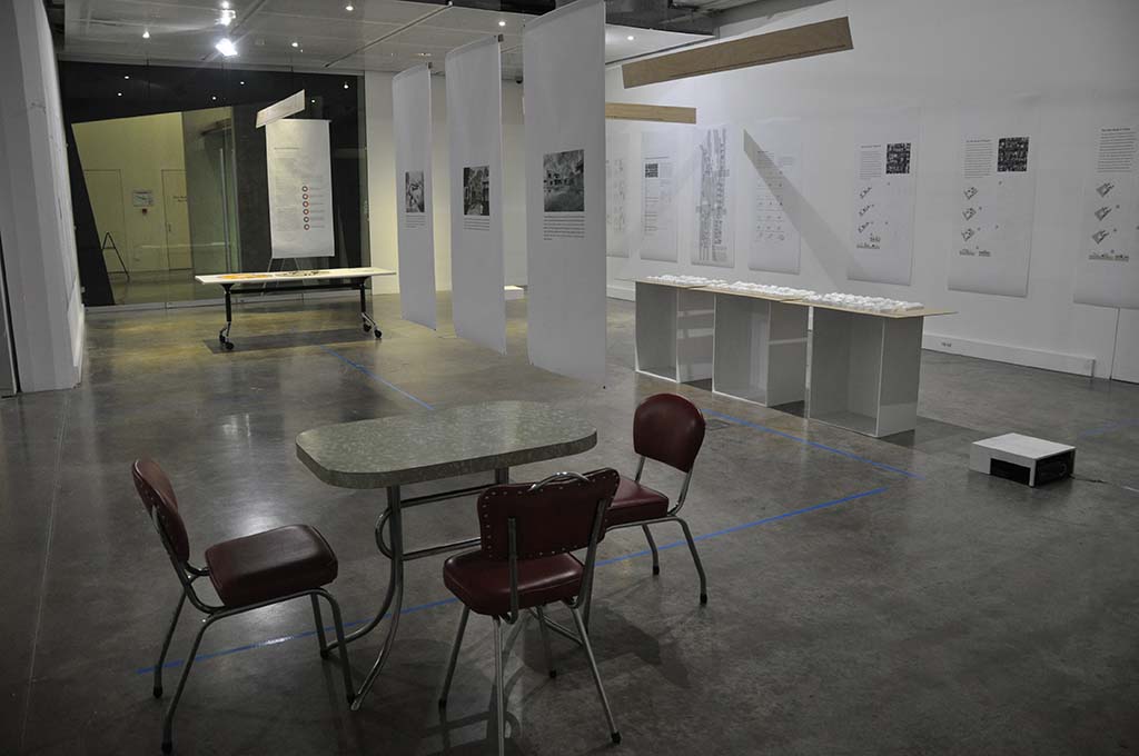 A photograph of Damian Madigan's PhD exhibition at Monash University's School of Art, Design, and Architecture in Melbourne.