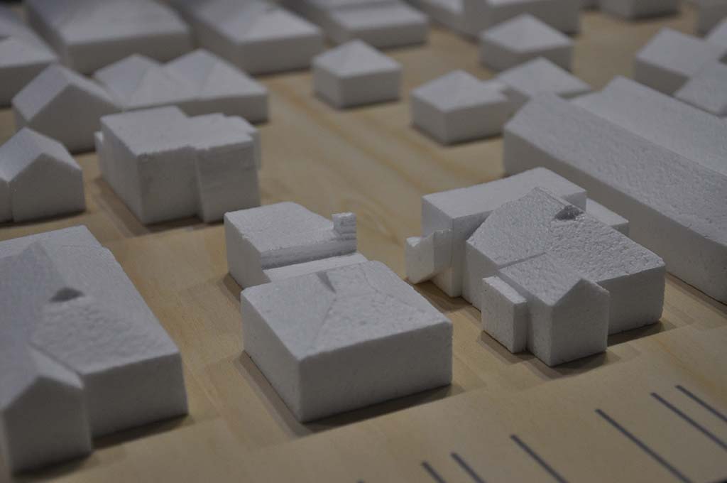 A photograph of urban infill models from Damian Madigan's PhD exhibition.