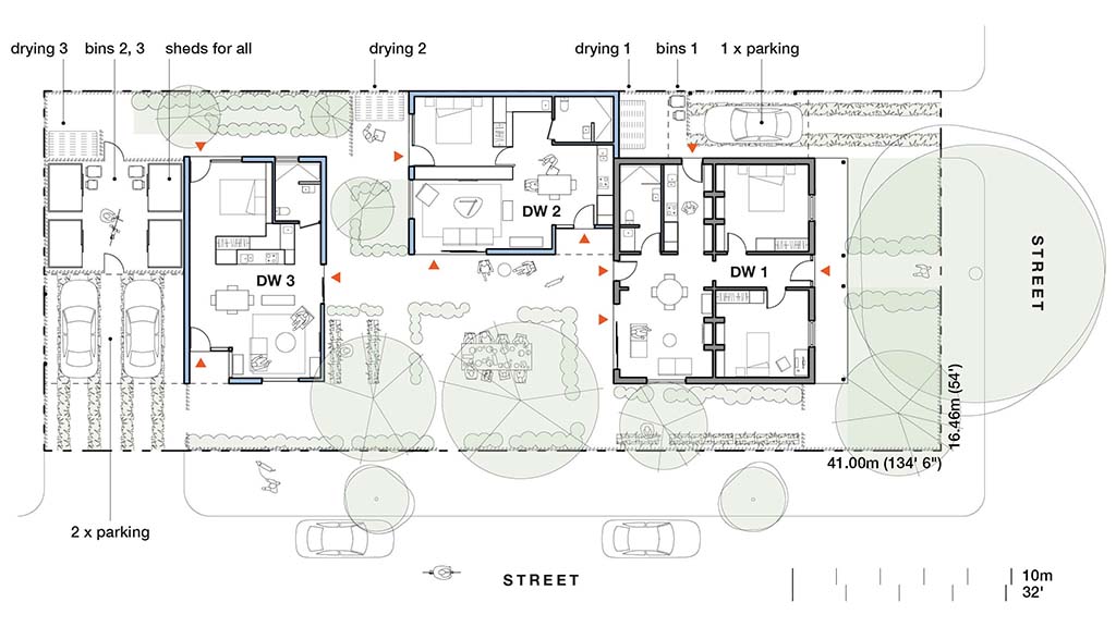 A floor plan describing a Bluefield Housing scheme, showing three houses on a rectangular corner lot. All existing walls are coloured grey, and all new walls are coloured blue. The landscape on the lot is coloured green. The dwellings and garden are drawn as furnished plans to demonstrate how they are configured and used. Labels describe the lot dimensions, street arrangement, the configuration of the dwellings, and the arrangement of the garden and car parking.