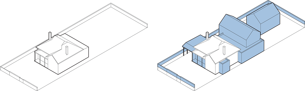 A diagram by Damian Madigan showing two houses. The house on the left is a common early Australian cottage. The house on the right is the same cottage but with raised fences, an extruded verandah for car parking, a side pod addition, and rear additions.