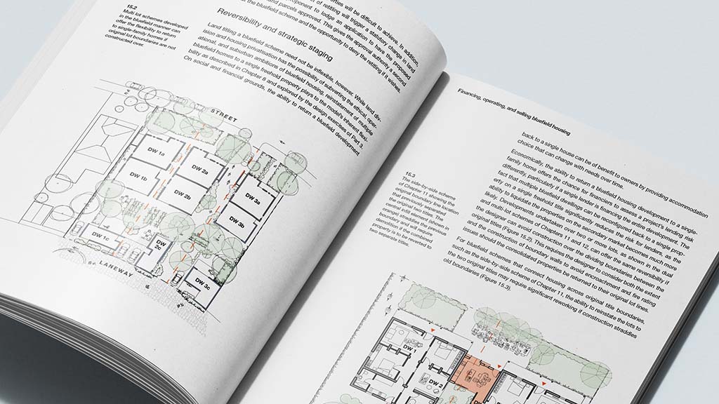 A photograph of the book 'Bluefield Housing as Alternative Infill for the Suburbs' by Damian Madigan, showing the book open to pages 236 and 237.