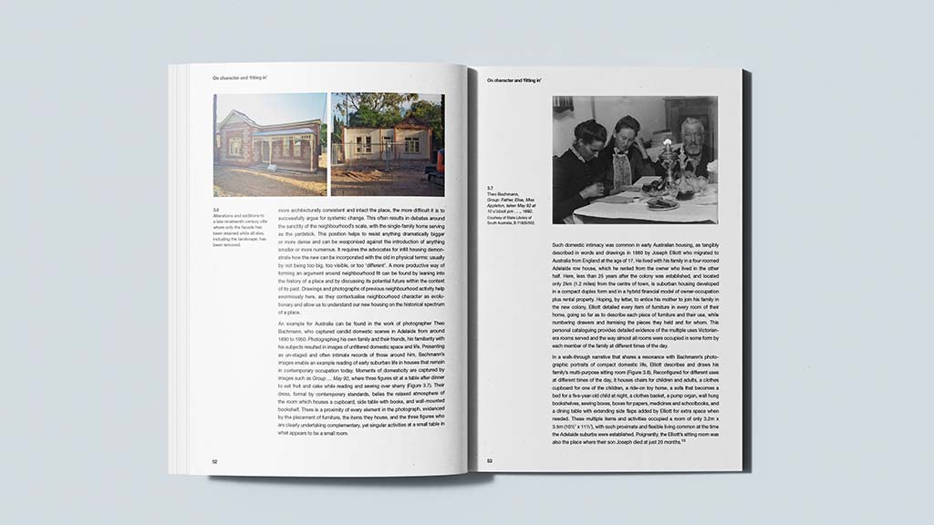 A photograph of the book 'Bluefield Housing as Alternative Infill for the Suburbs' by Damian Madigan, showing the book open to pages 52 and 53.