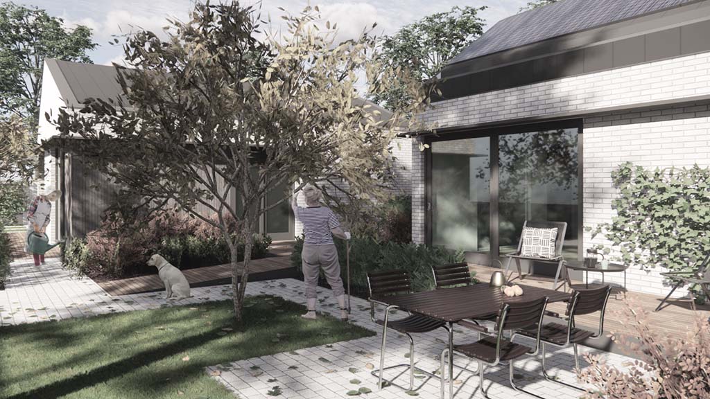 A three dimensional image by Damian Madigan for the Cohousing for Ageing Well project. It shows two women working in a shared garden that is bordered by low-rise infill housing. A dog sits on a path in the centre of the image.