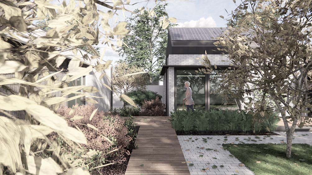 A three dimensional image by Damian Madigan for the Cohousing for Ageing Well project. It shows an older woman walking along a timber deck that connects housing within the development.