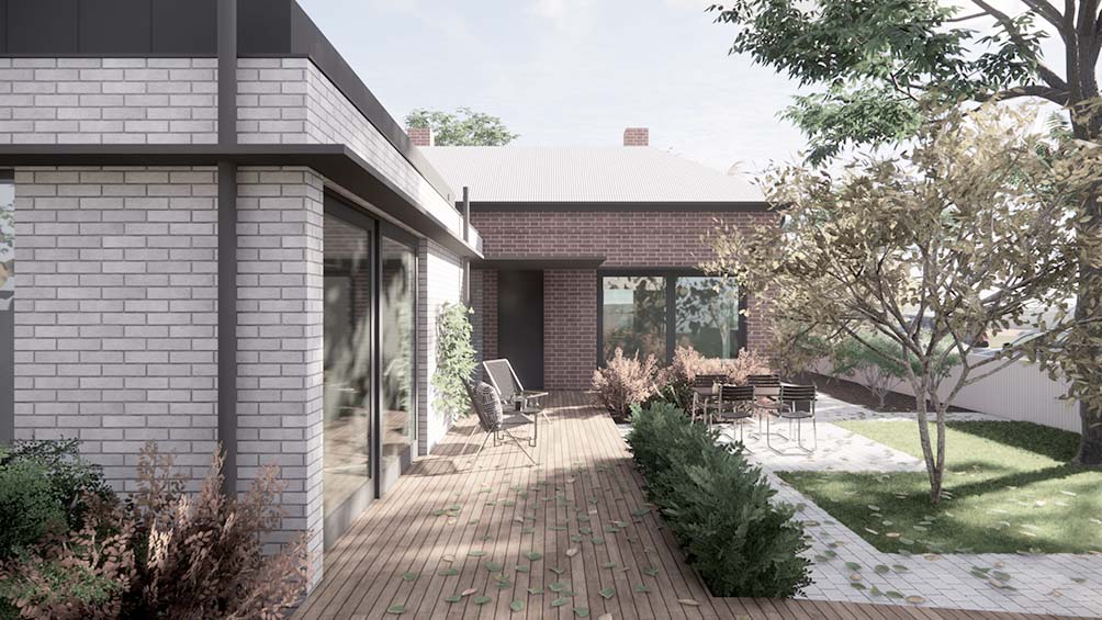 A three dimensional image by Damian Madigan for the Cohousing for Ageing Well project. It shows a timber deck linking a new low-rise backyard home on the left, and an existing red brick cottage in the background.