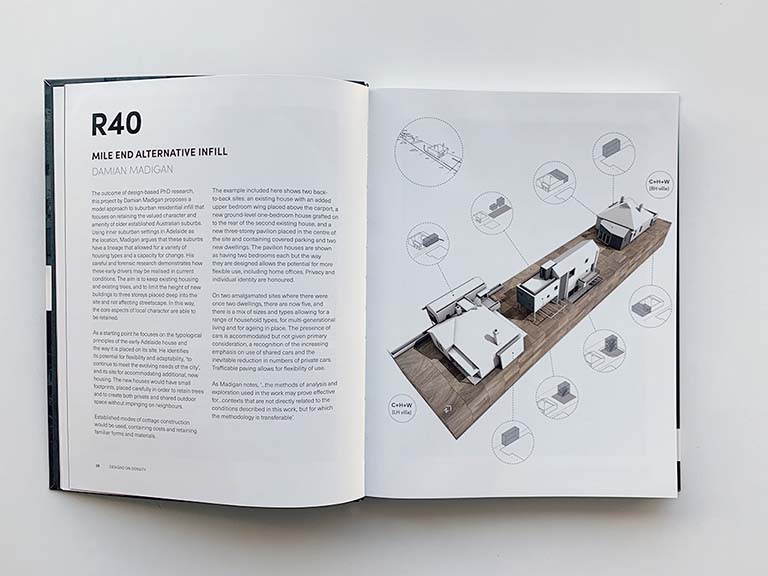A photograph of pages 26 and 27 of the book "Designs on Density", showing Damian Madigan's urban infill case study titled "Mile End Alternative Infill".