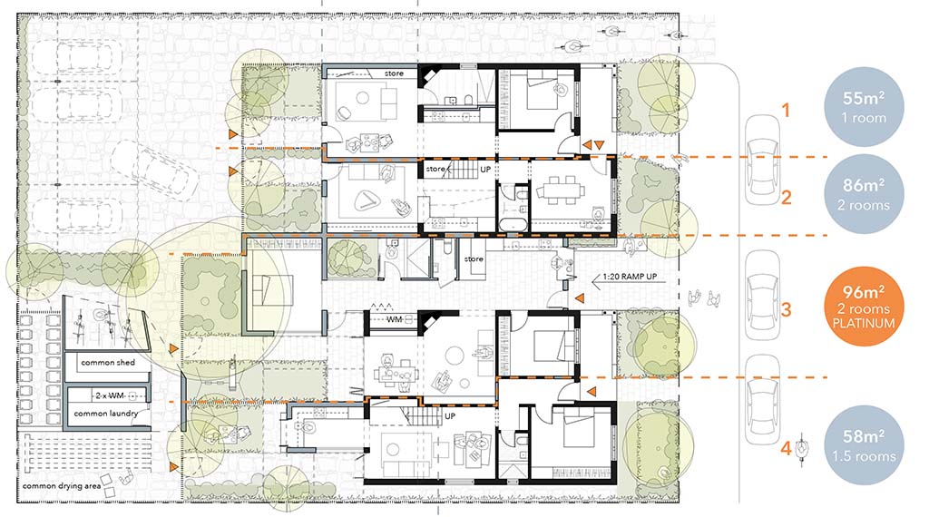 A site plan by Damian Madigan for his Missing Middle competition entry. It shows an infill dwelling between two existing homes. In the backyard is a shared laundry, garden shed, bicycle store, and car parking under a pergola.