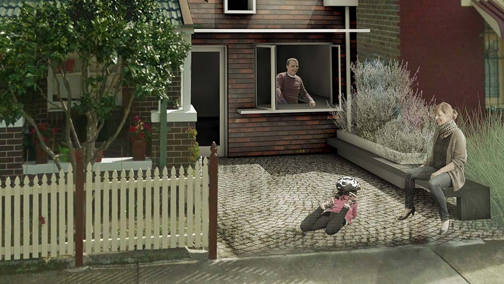 A three dimensional view by Damian Madigan for his Missing Middle competition entry. It shows an infill dwelling between two existing homes. A man stands at a kitchen servery window while a woman and child sit in a courtyard.