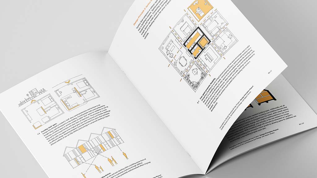 A photograph of the Innovation in Social Housing design report.