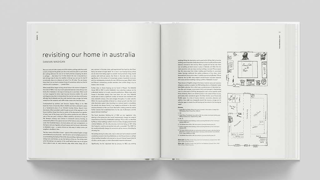 A photograph of pages 378 and 379 of the book "The Material City", showing Damian Madigan's chapter titled "Revisiting Our Home in Australia".