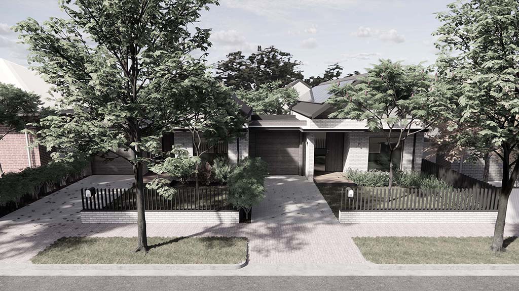 A three dimensional image of urban infill housing undertaken by Damian Madigan for the South Australian State Government as part of its "Raising the Bar on Residential Infill" project. It shows two semi-detached infill houses viewed from the street. Each has a reduced driveway width, reduced car parking, clearly identifiable front doors, and landscaped front gardens.