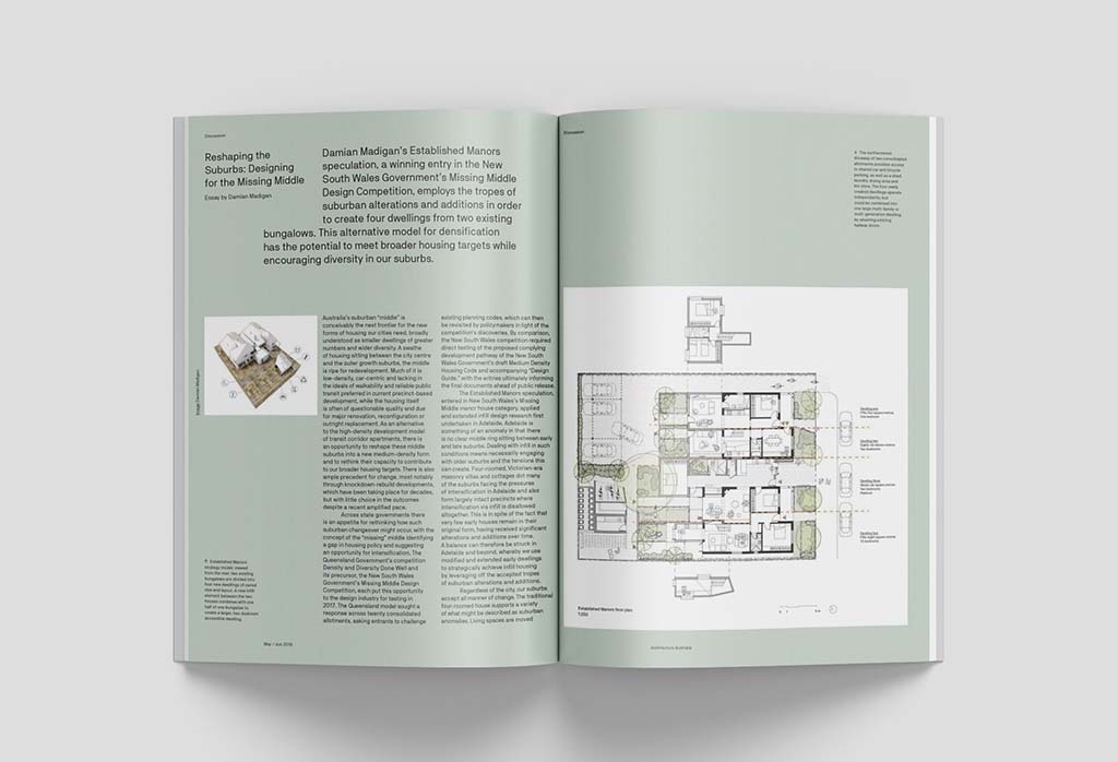 A photograph of an Architecture Australia magazine spread showing Damian Madigan's article titled "Reshaping the Suburbs: Designing for the Missing Middle".