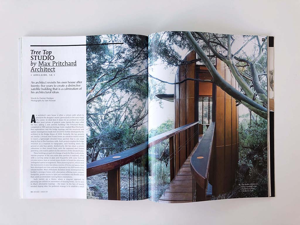 A photograph of a Houses Magazine spread showing Damian Madigan's article titled "Treetop Studio".