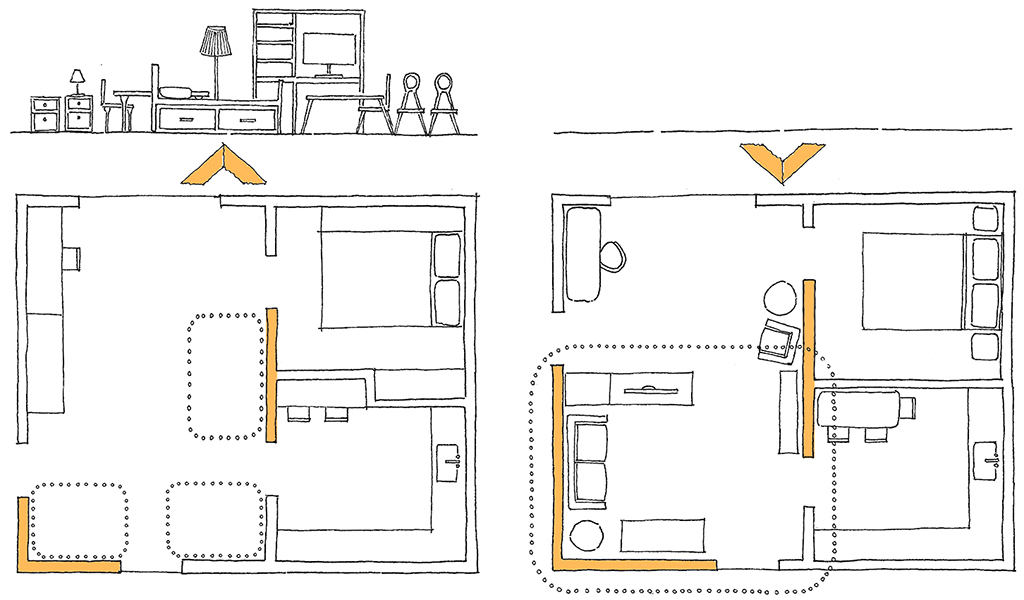 A diagram by UniSA architecture students from the "Innovation in Social Housing" project. The diagram shows the importance of designing clear wall space that allows loose items to be housed.