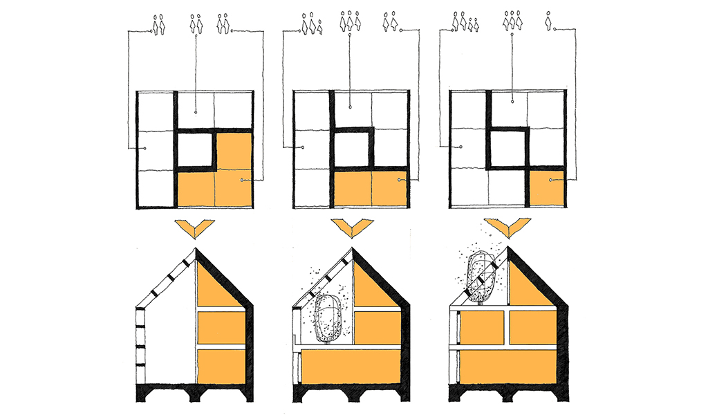 A diagram by UniSA architecture students from the "Innovation in Social Housing" project. The diagram shows adaptable spaces within the floor plan and section.