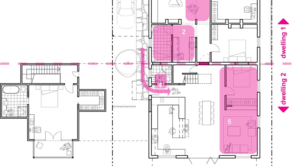A floorplan by Damian Madigan showing how a house can be divided into multiple uses.